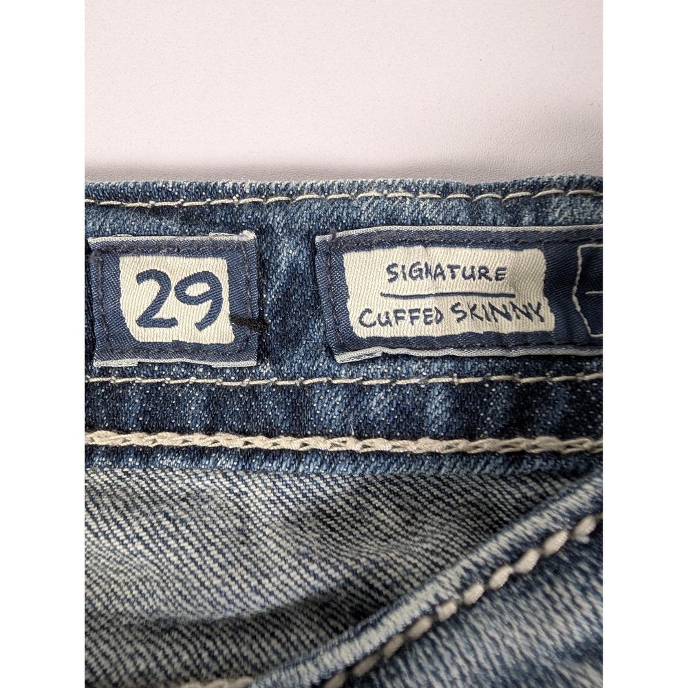 Miss Me Distressed Skinny Jeans in Dark Blue with Red Patch Accents - Picture 11 of 16